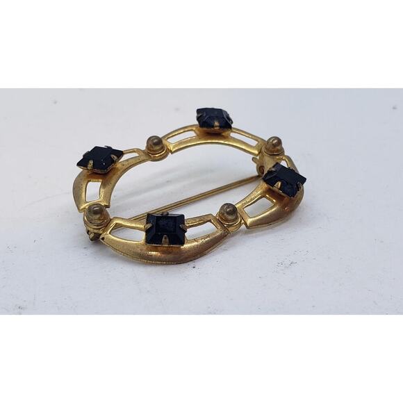 Vintage 10k Gold Plate Brooch Pin Art Deco Oval Openwork Black Rhinestone - Picture 15 of 16